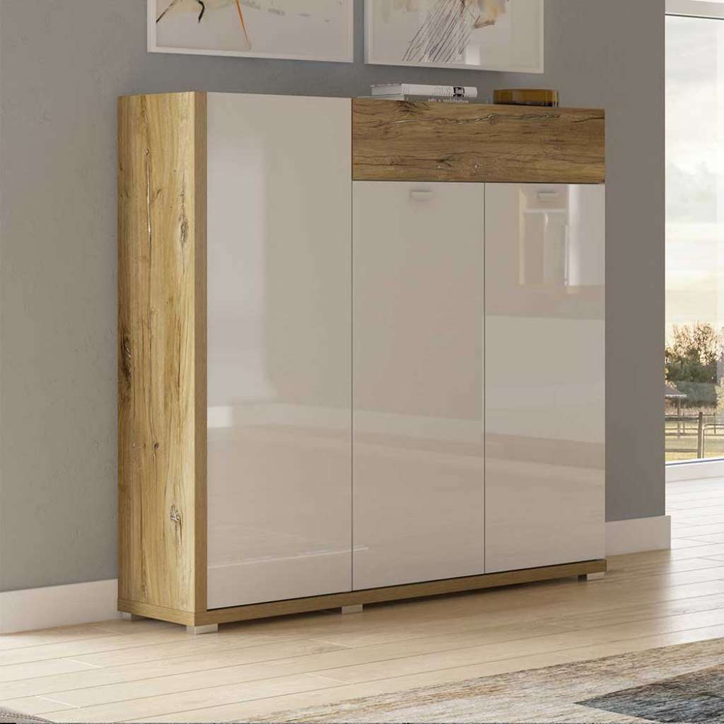 Skandi Stil Highboard mit Hochglanzfront 125 cm breit 129 cm hoch