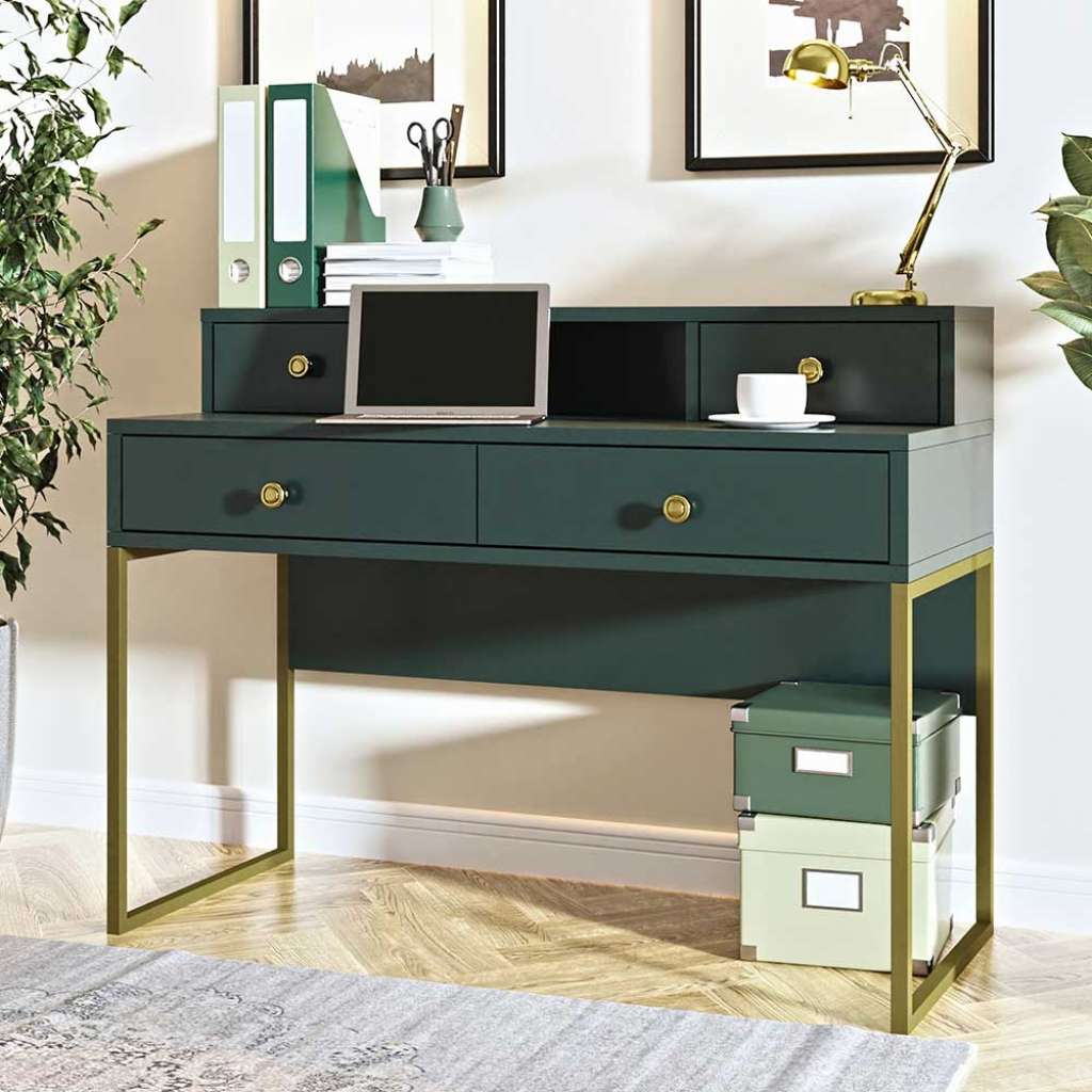 Designschreibtisch in Dunkelgrün und Goldfarben Bügelgestell
