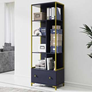 Modernes Home Office Regal in Blau und Gold einer Schublade