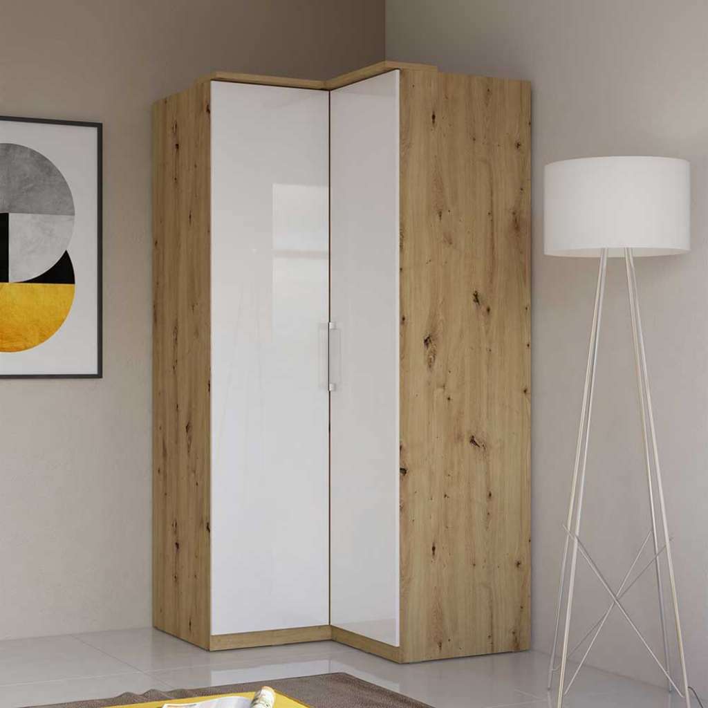 Eck Kleiderschrank mit weißer Hochglanz Front 2 türig