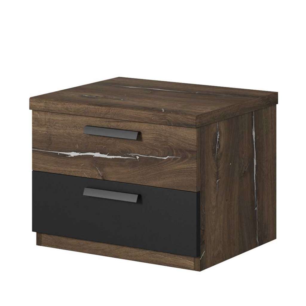 Industriestil Nachtkonsole in Eiche dunkel und Schwarz zwei Schubladen