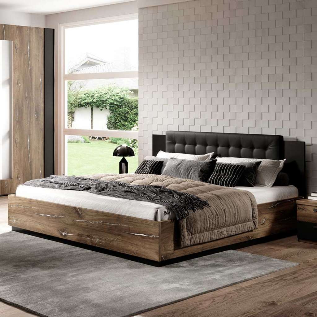 Industriestil Doppel Bett in Eiche dunkel und Schwarz Polsterkopfteil