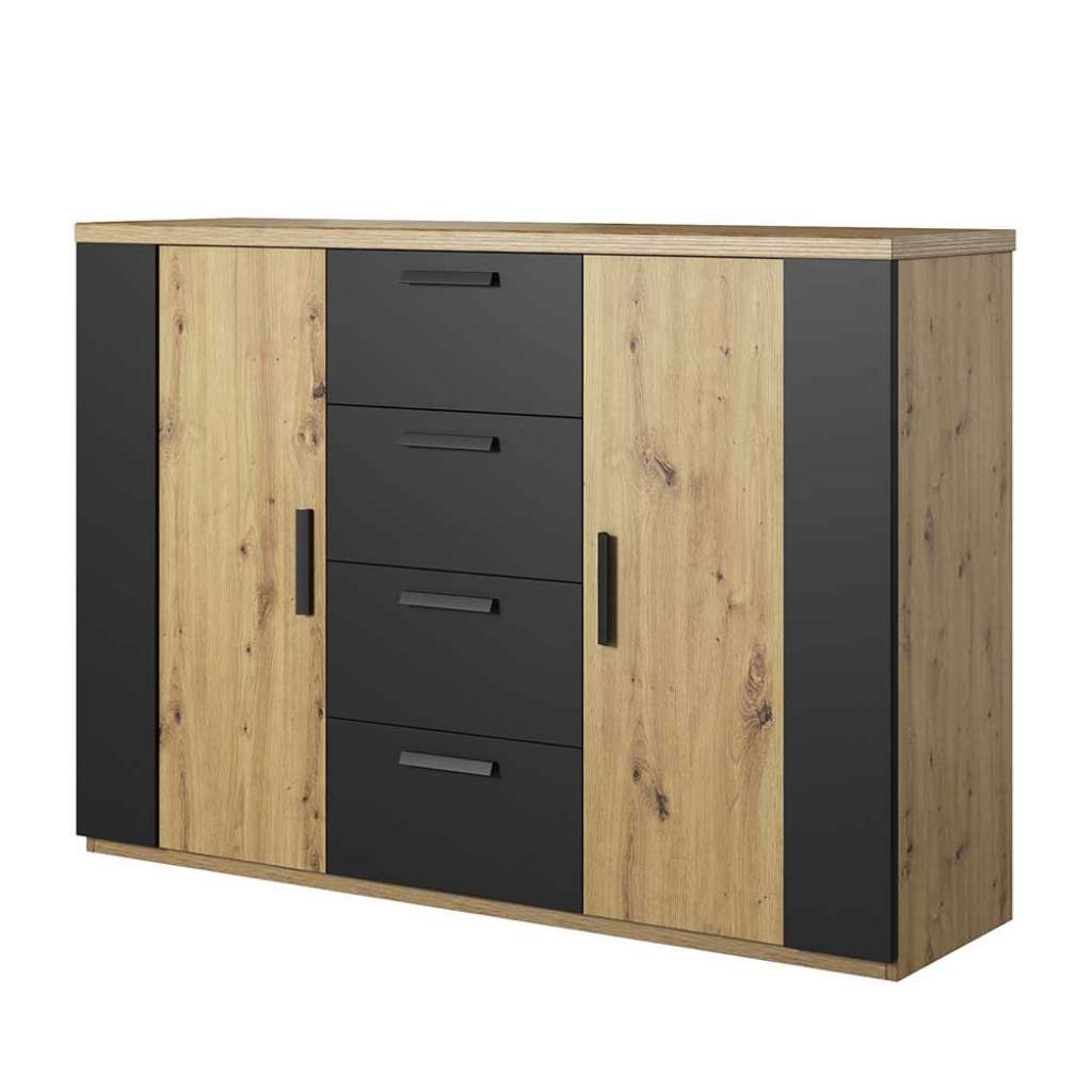 Esszimmersideboard in Wildeiche Holzoptik und Schwarz vier Schubladen