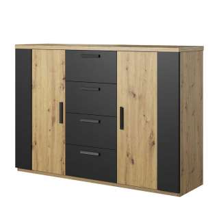 Esszimmersideboard in Wildeiche Holzoptik und Schwarz vier Schubladen