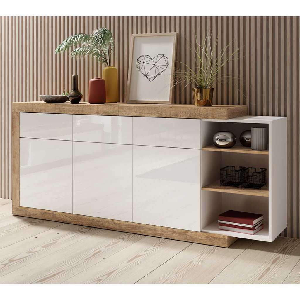 Modernes Sideboard in Eiche Holzoptik verwittert Weiß Hochglanz