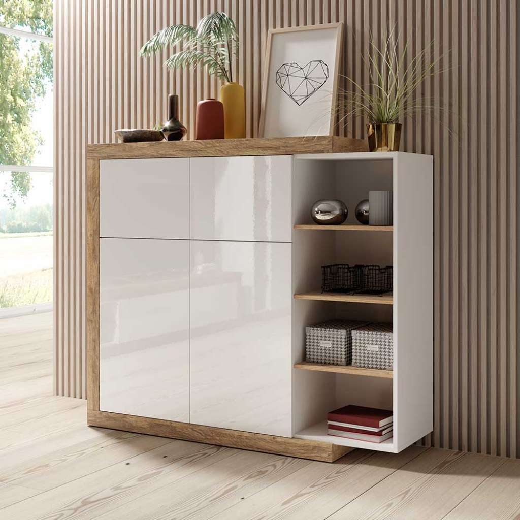 Highboard mit offenen Fächern Eichefarben und Weiß Hochglanz