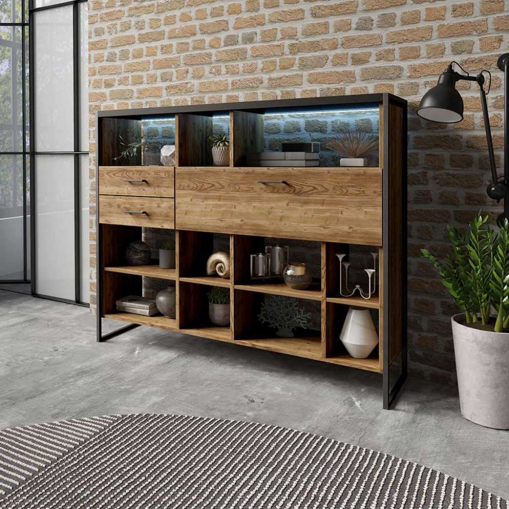 Industrial Wohnzimmerregal in Fichtefarben zwei Schubladen und Klappe