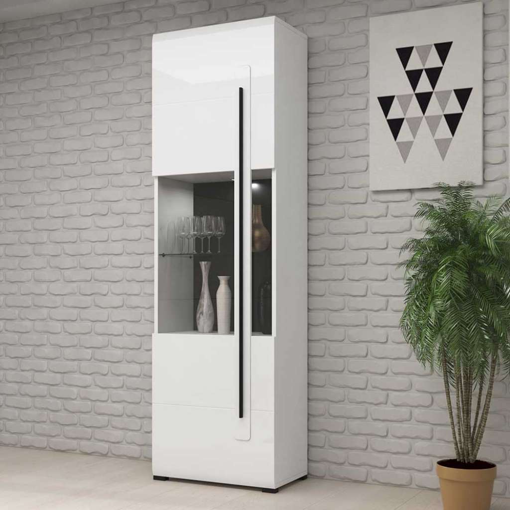 Weiße Hochglanz Vitrine mit Glastür 204 cm hoch