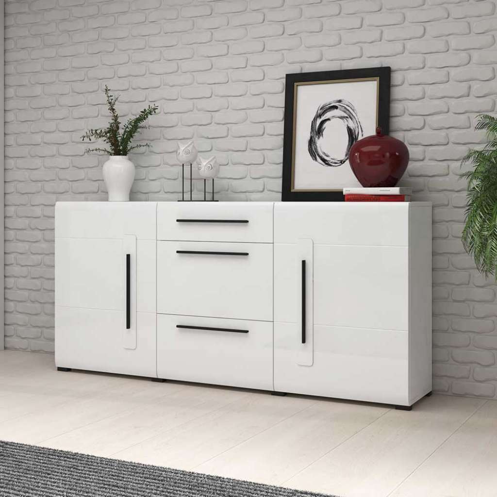 Weißes Hochglanz Sideboard mit drei Schubladen 180 cm breit