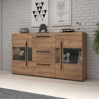 Wohnzimmer Kommode mit Glastüren Eichefarben und Schwarz