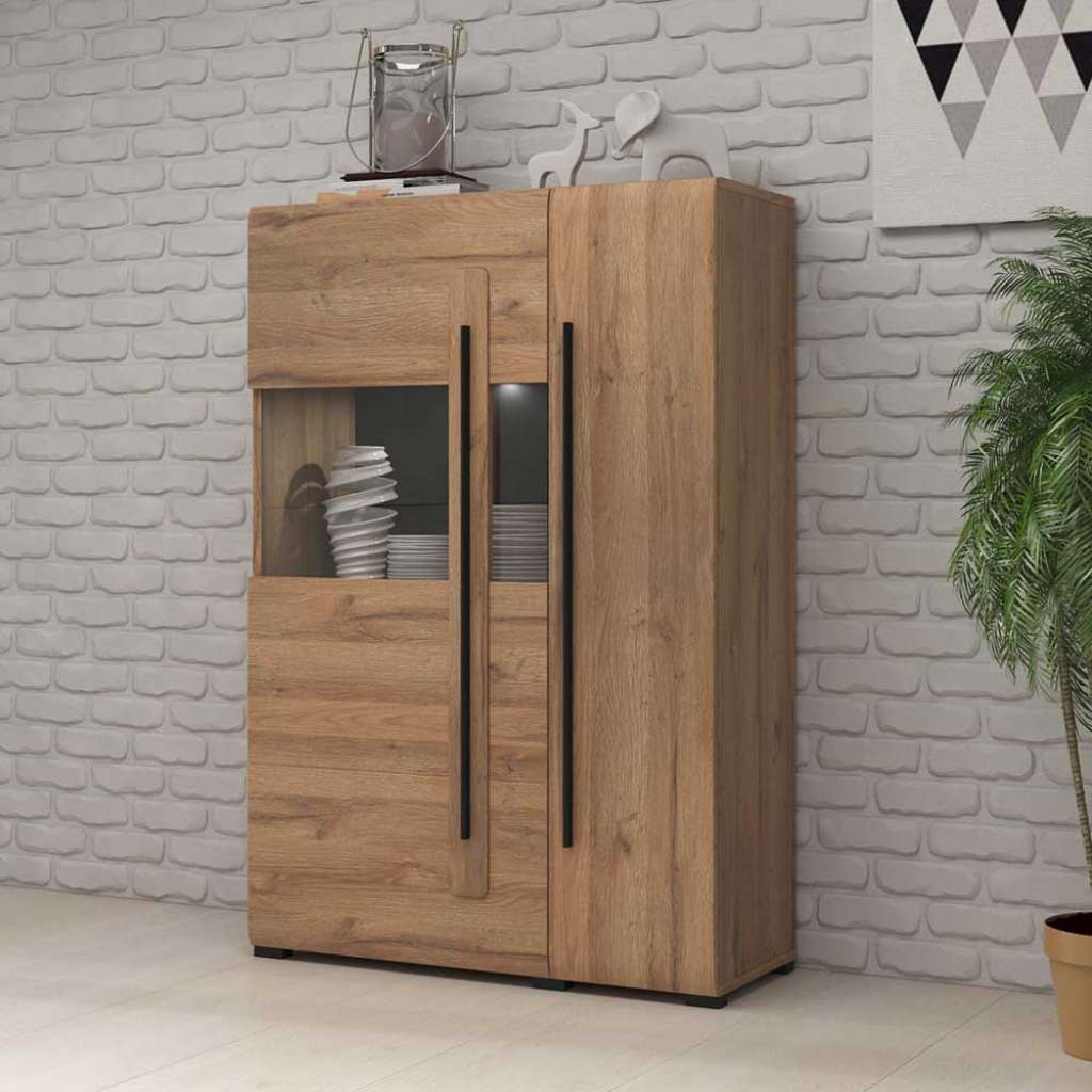 Esszimmer Highboard mit Glastür Eichefarben und Schwarz