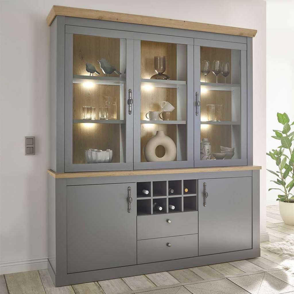 Landhausstil Buffet in Lichtgrau und Eichefarben Glastüren