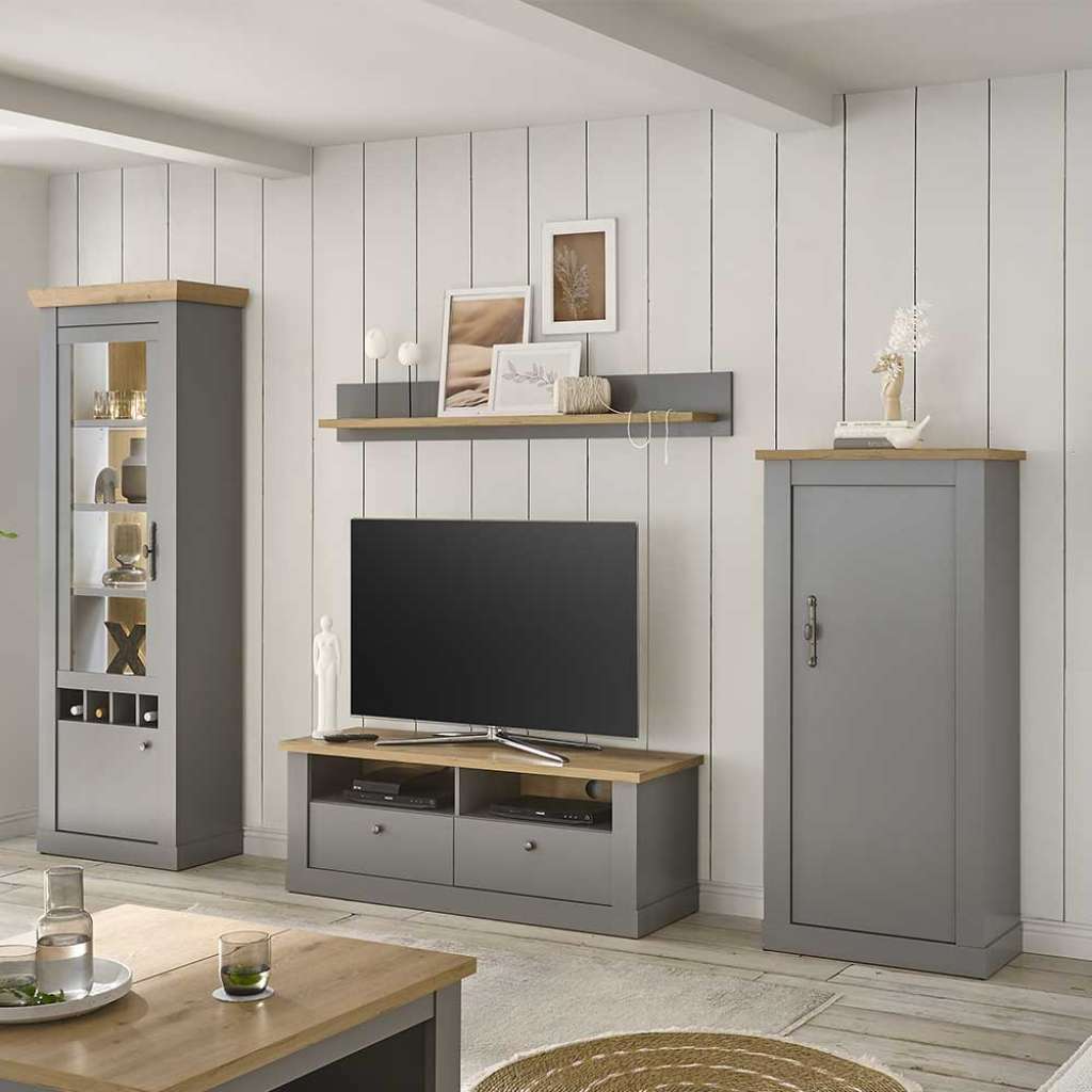 Landhausstil TV Wohnwand in Lichtgrau Eichefarben (vierteilig)