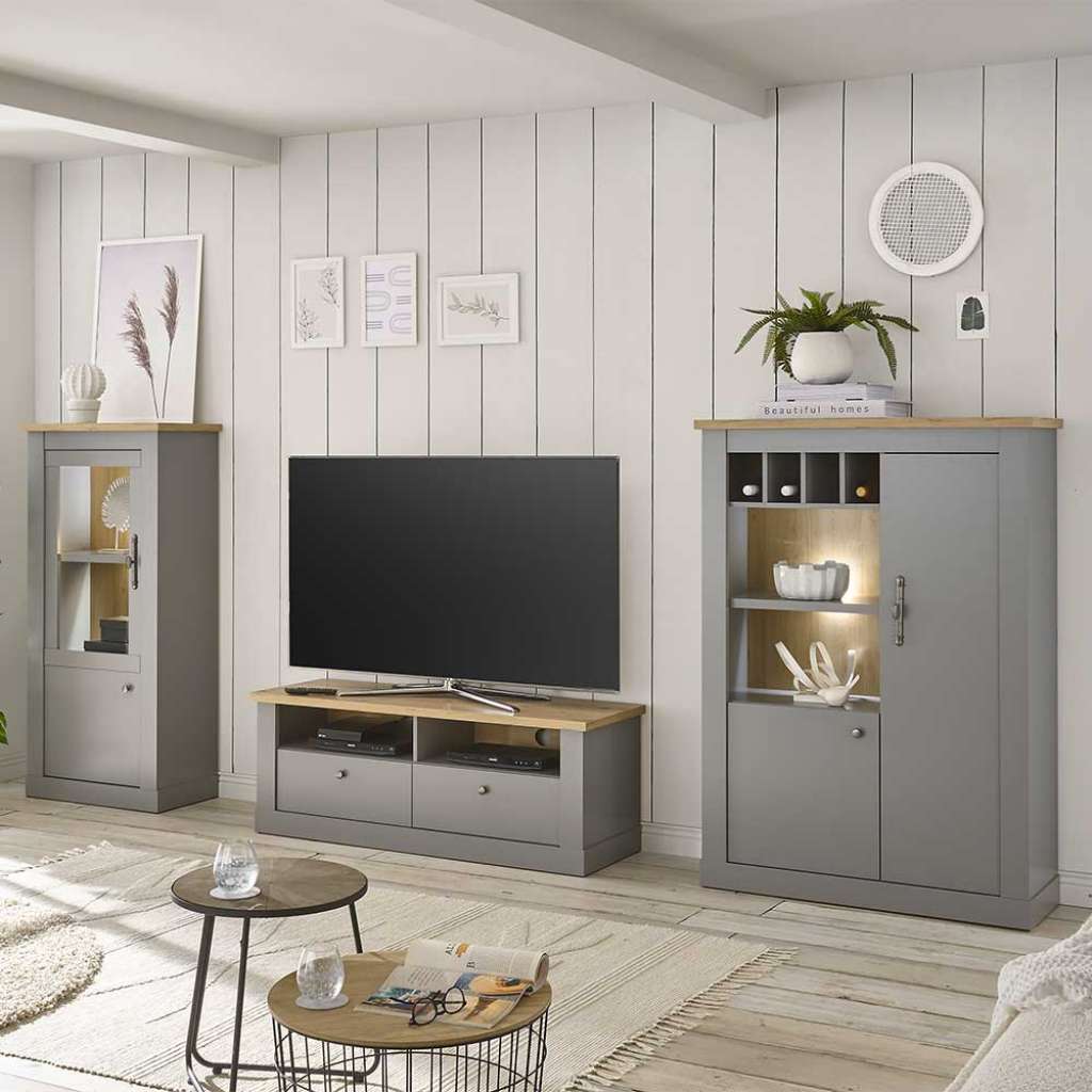 Landhaus Design Wohnwand in Lichtgrau Eichefarben (dreiteilig)