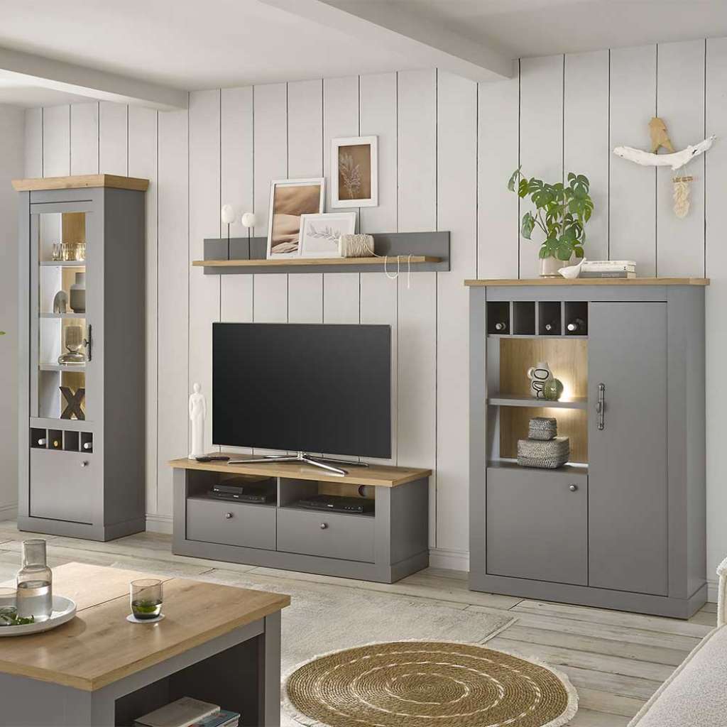 TV Wohnwand Landhaus in Eichefarben und Grau Metallgriffen (vierteilig)