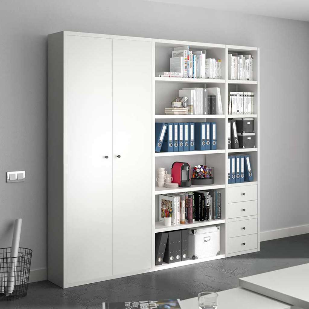 Ordner Regalwand in Weiß vier Schubladen und zwei Türen