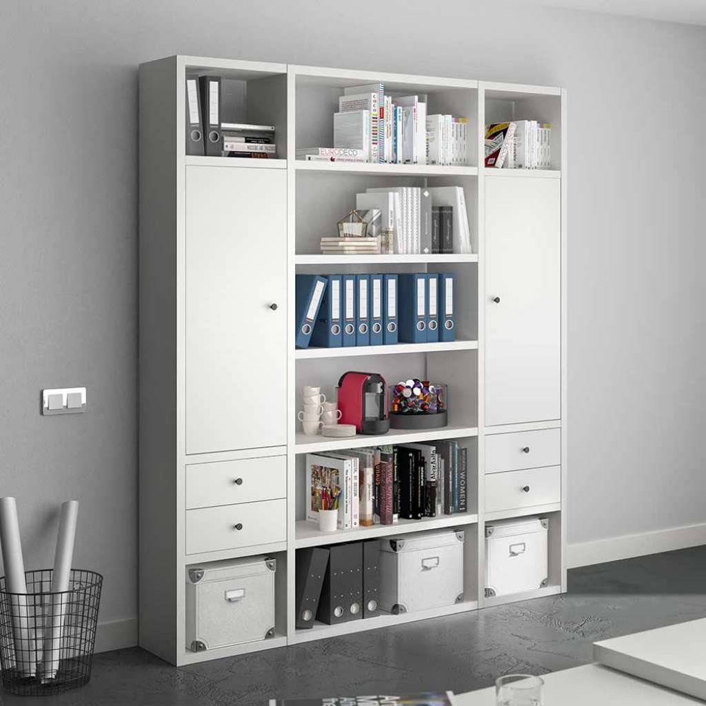 Bürowand weiss Fächer in Ordnerhöhe 4 Schubladen und 2 Türen