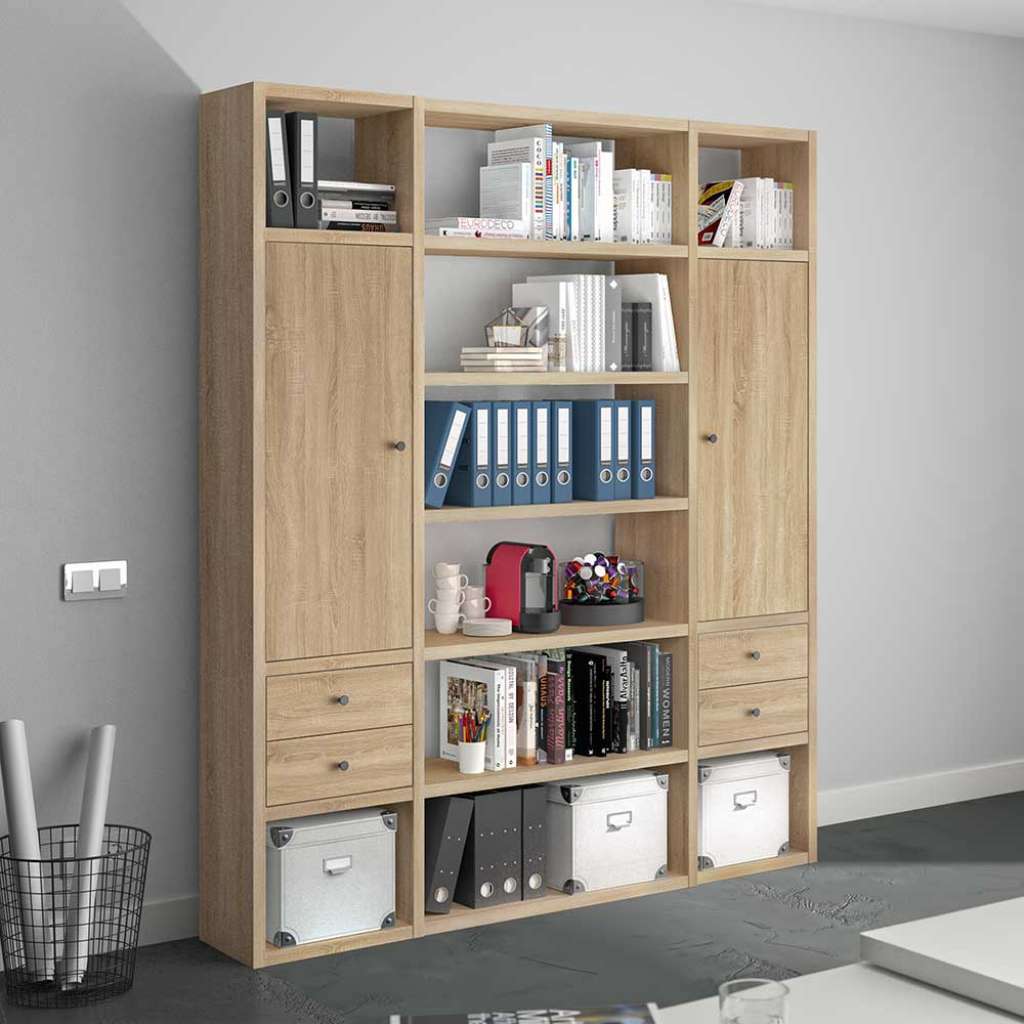 Sonoma Eiche Bürowand mit vier Schubladen Fächer in Ordnerhöhe