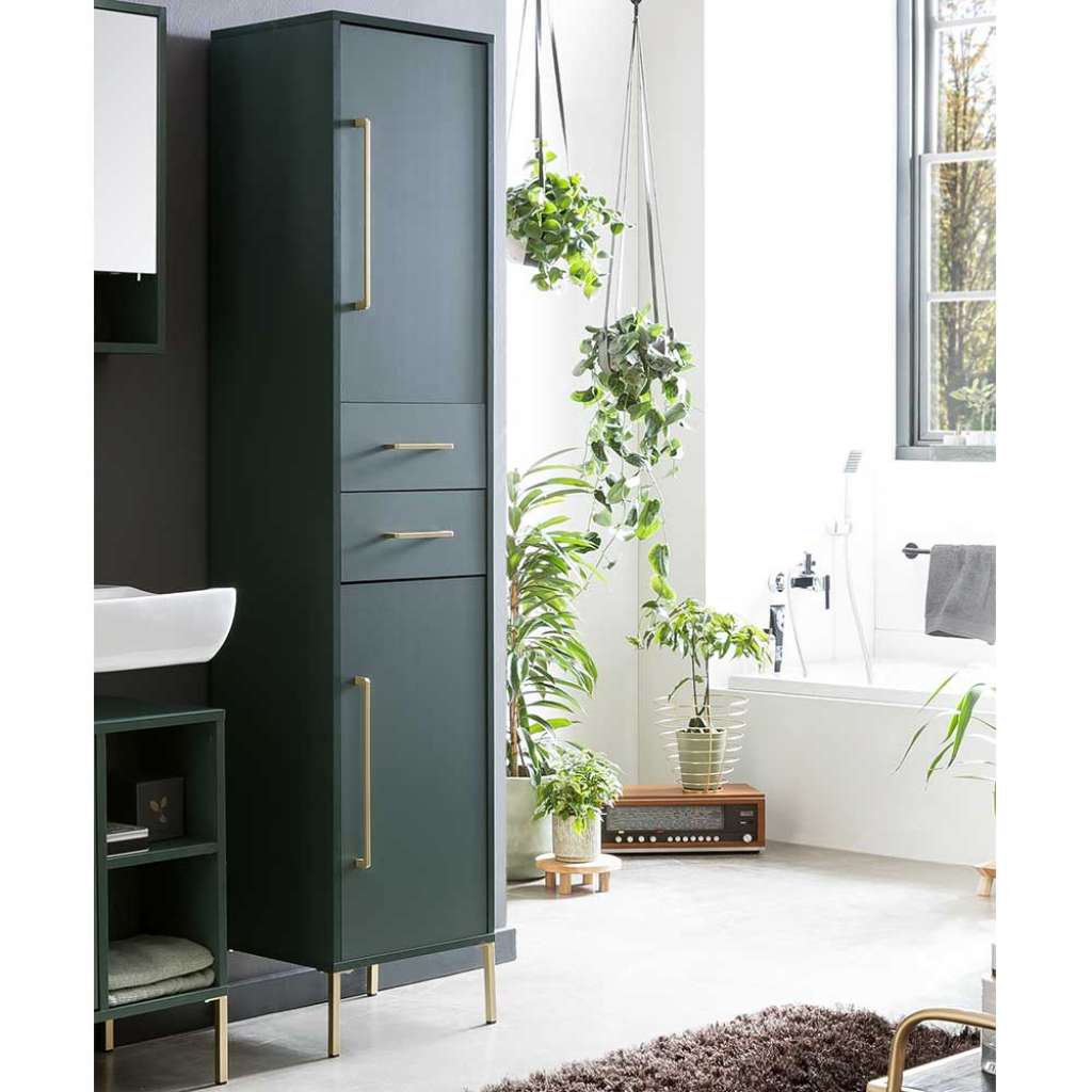 Badezimmer Hochschrank in Dunkelgrün Goldfarben