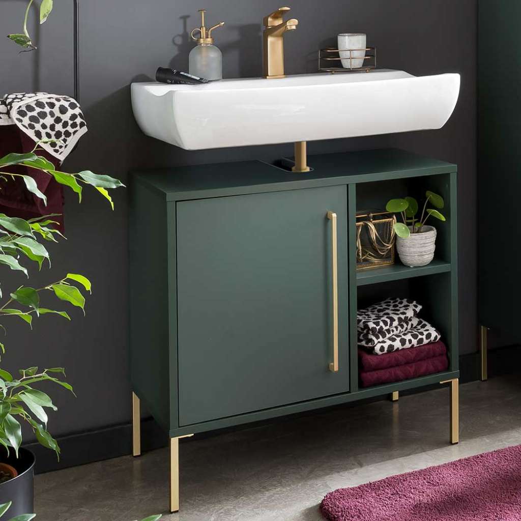 Skandi Waschbeckenunterschrank in Dunkelgrün Goldfarben