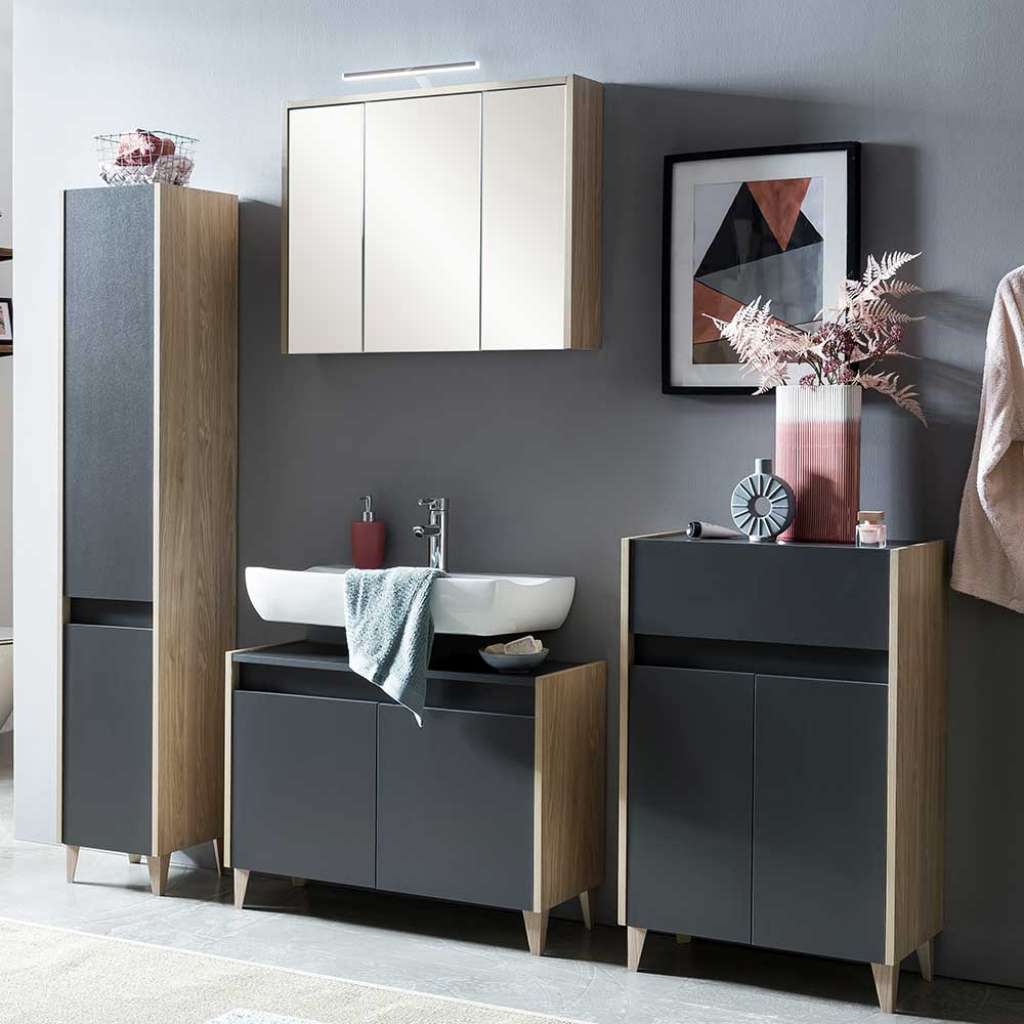 Badmöbel modern in Anthrazit Eiche hell Holzoptik (vierteilig)