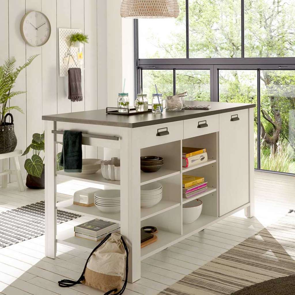 Landhaus Kücheninsel in Anthrazit und Weiß zwei Schubladen