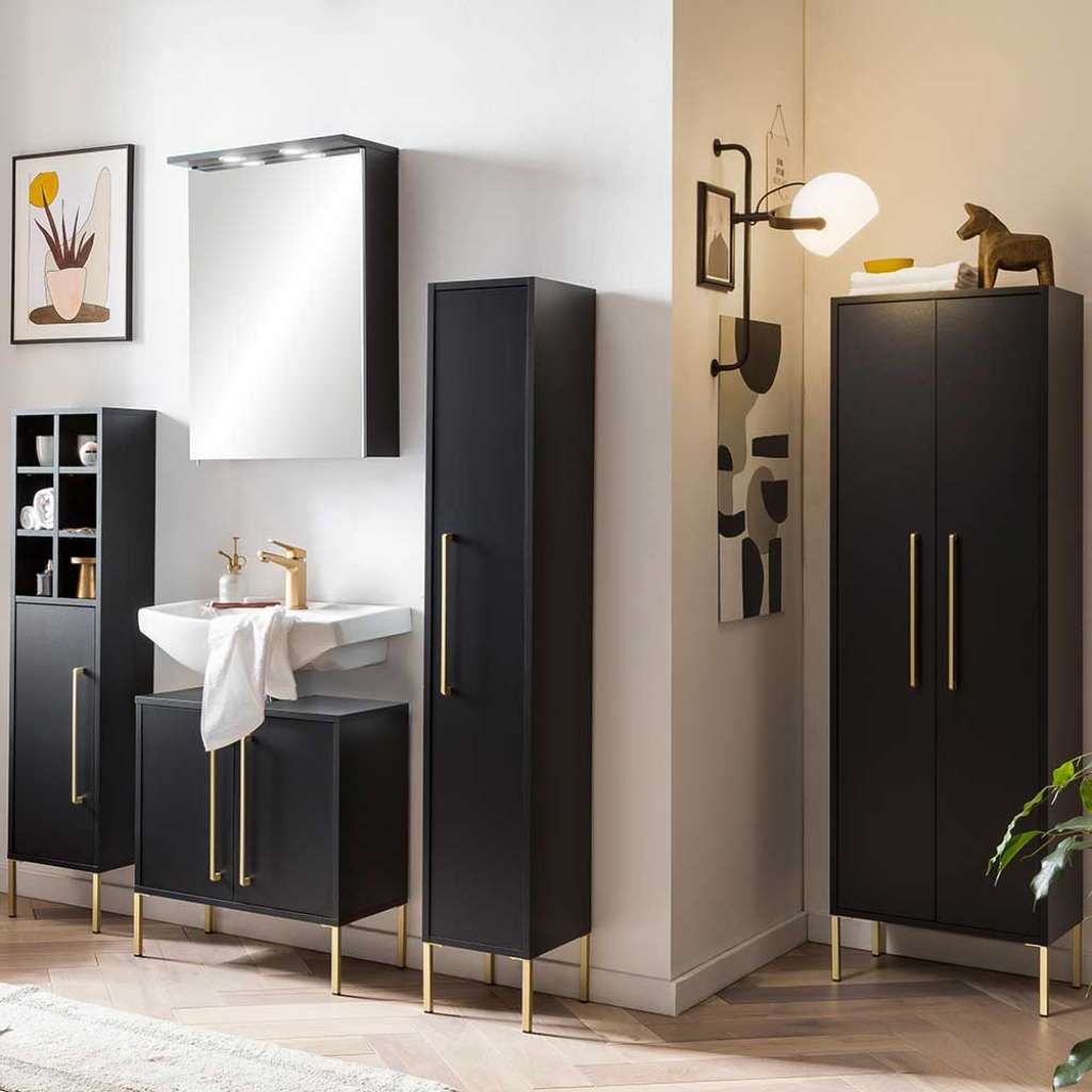 Badezimmermöbelset mit LED in Schwarz Goldfarben (fünfteilig)