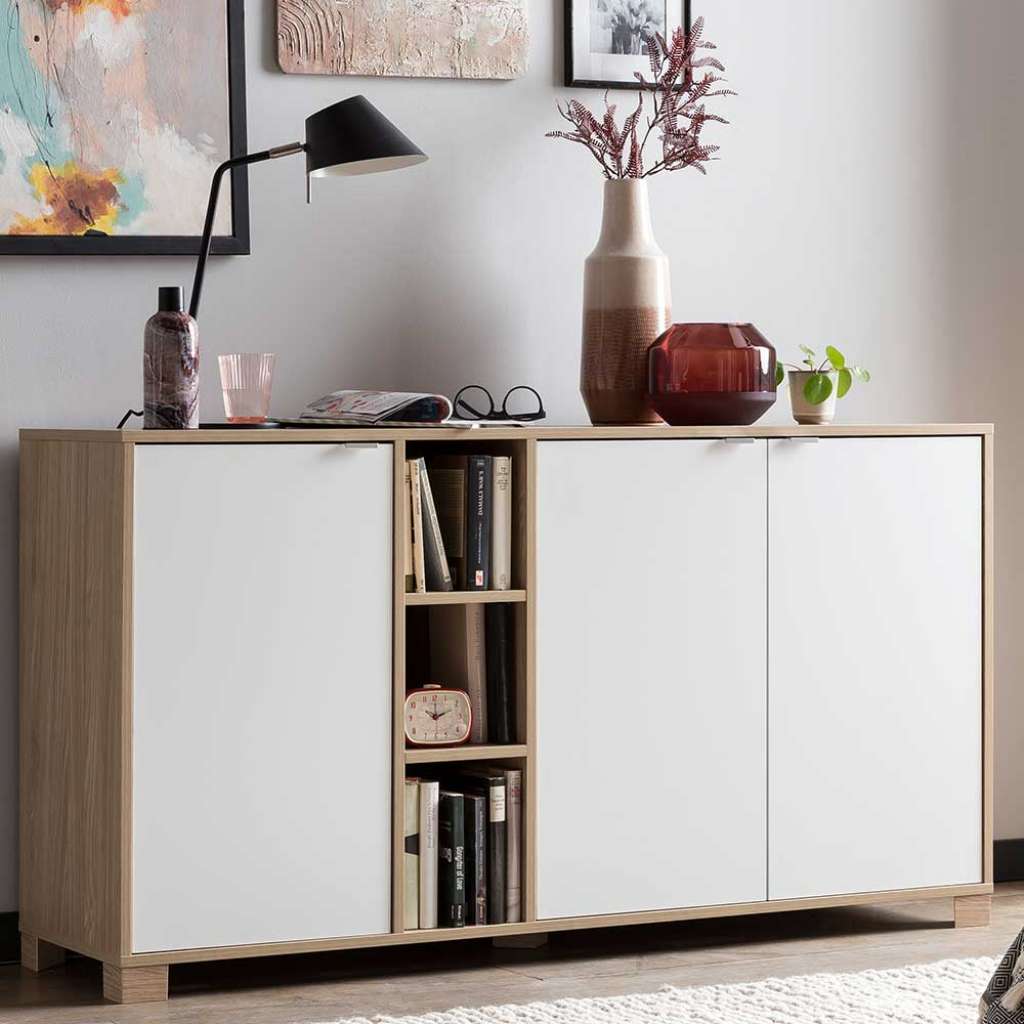 Esszimmerkommode in Eiche hell und Weiß modernem Design