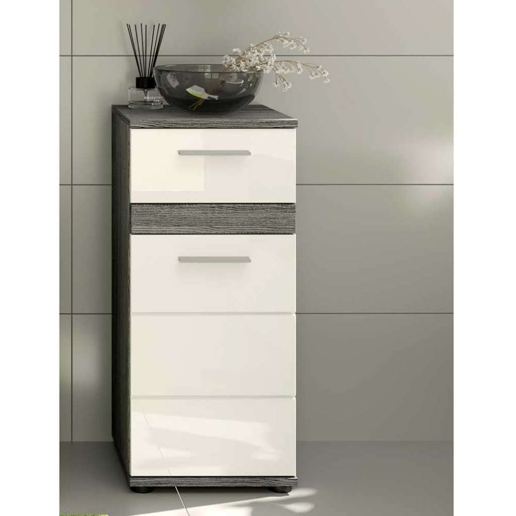 Badezimmerschränkchen in Weiß Hochglanz und Grau 35 cm breit