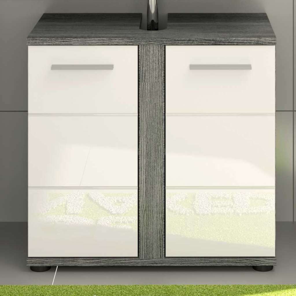 Badezimmerunterschrank in Weiß Hochglanz und Grau 60 cm breit