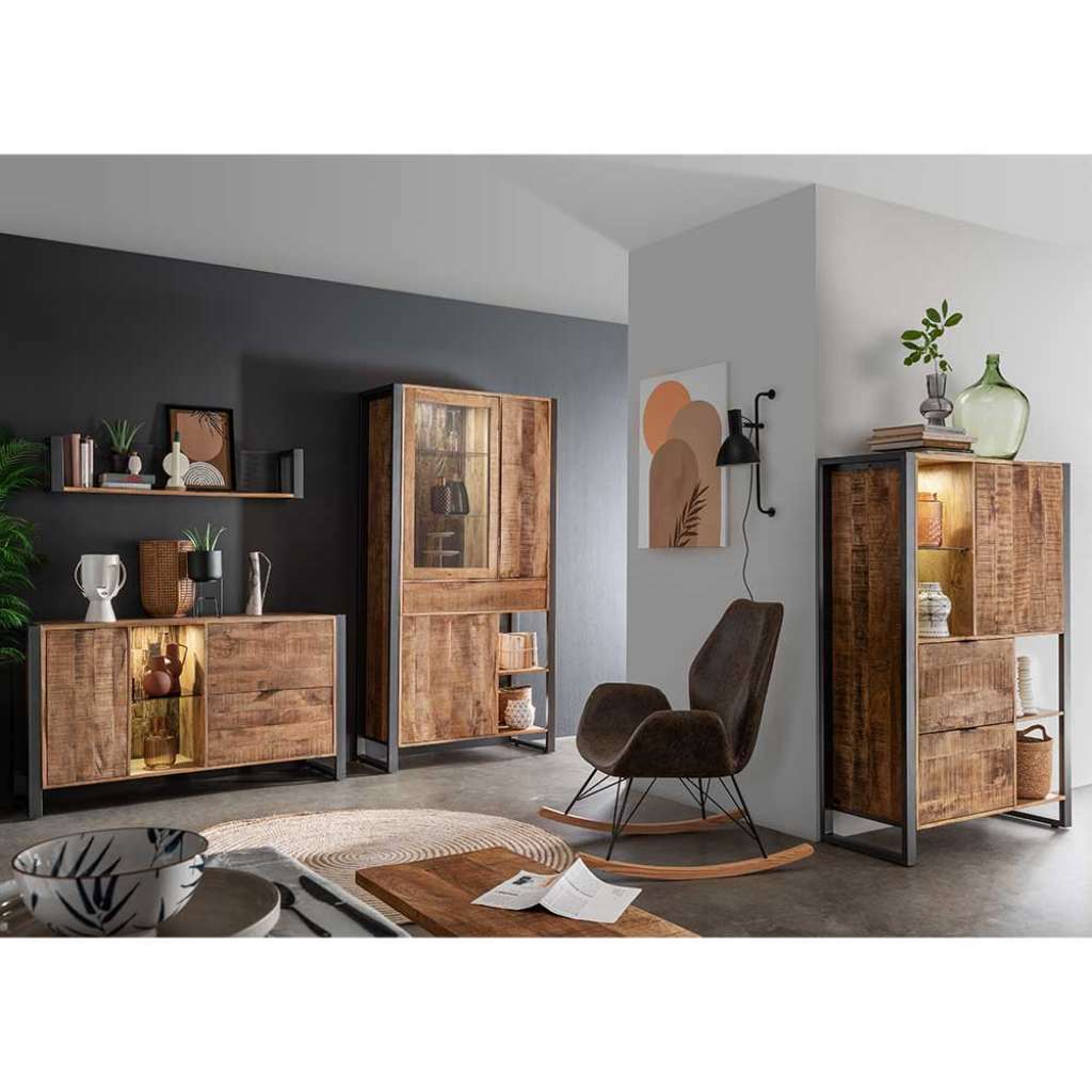 Wohnzimmerschrankwand im Industry und Loft Stil LED Beleuchtung (vierteilig)