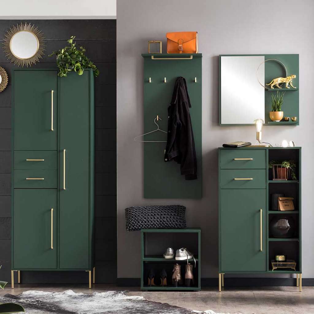 Garderobenkombination im Skandi Design Dunkelgrün und Gold (fünfteilig)