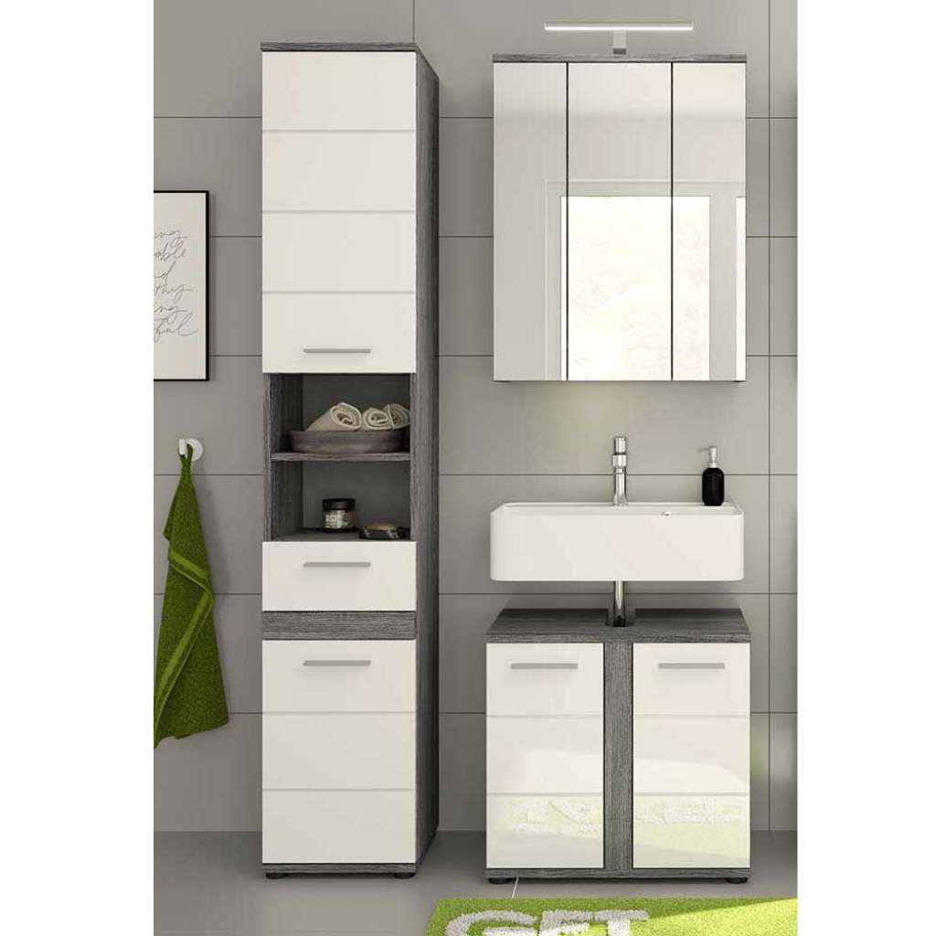 Gäste WC Möbel mit Spiegelschrank Weiß und Grau (dreiteilig)