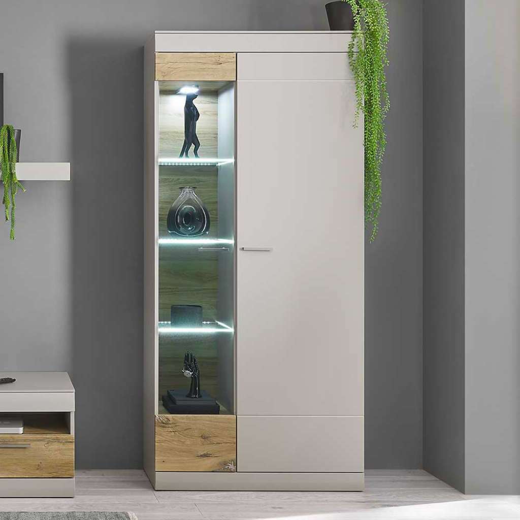 Wohnzimmer Vitrinenschrank in Hellgrau Zinneichefarben