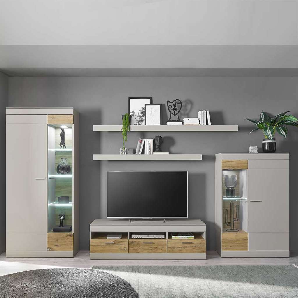 Wohnzimmerschrankwand modern in Hellgrau Zinneichefarben (fünfteilig)