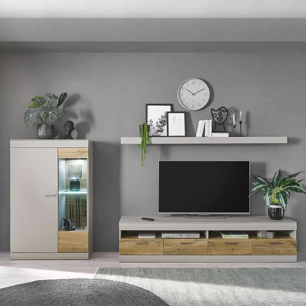 Wohnzimmer Anbauwand modern in Hellgrau Zinneichefarben (dreiteilig)