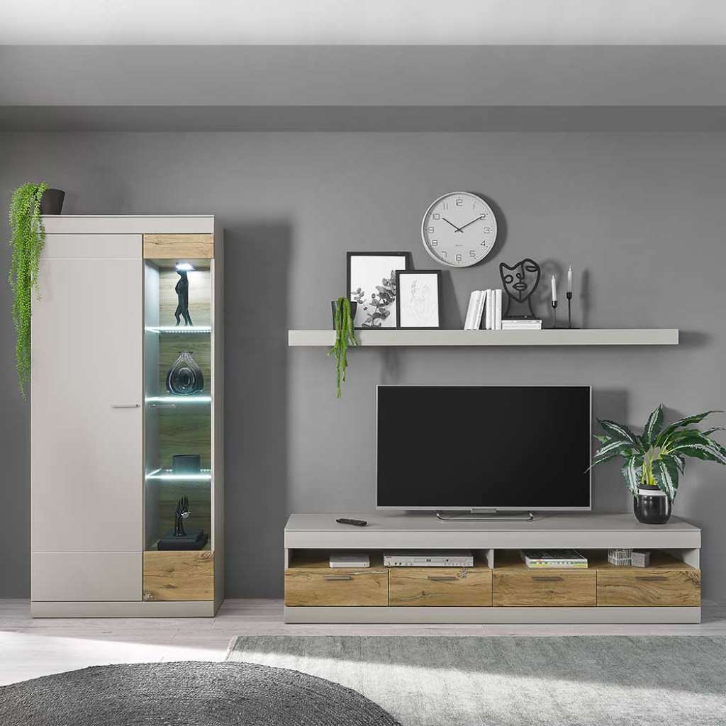 Schrankwand Wohnzimmer in Hellgrau Zinneichefarben (dreiteilig)