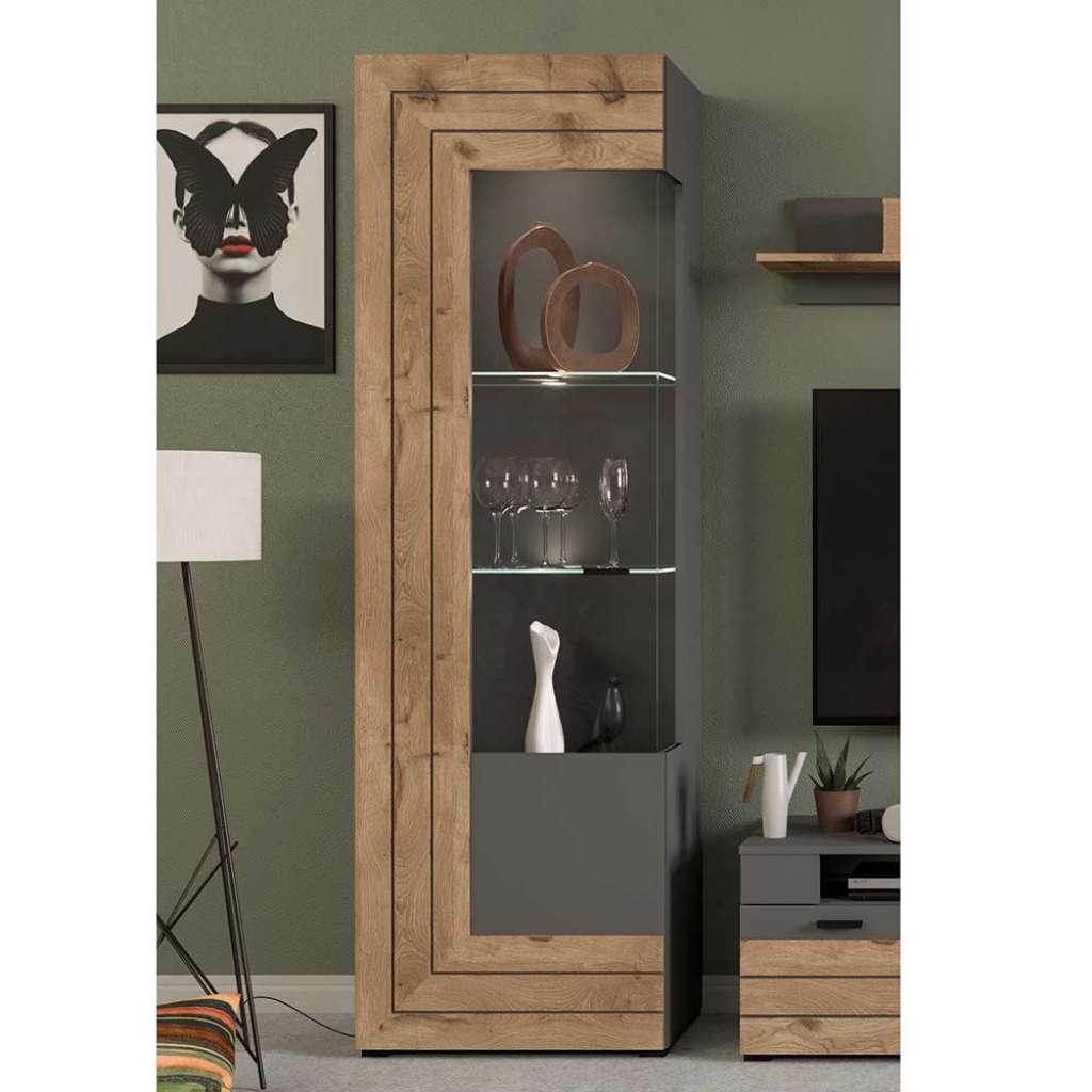 Wohnzimmer Vitrinenschrank in Wildeichefarben und Grau Glastür