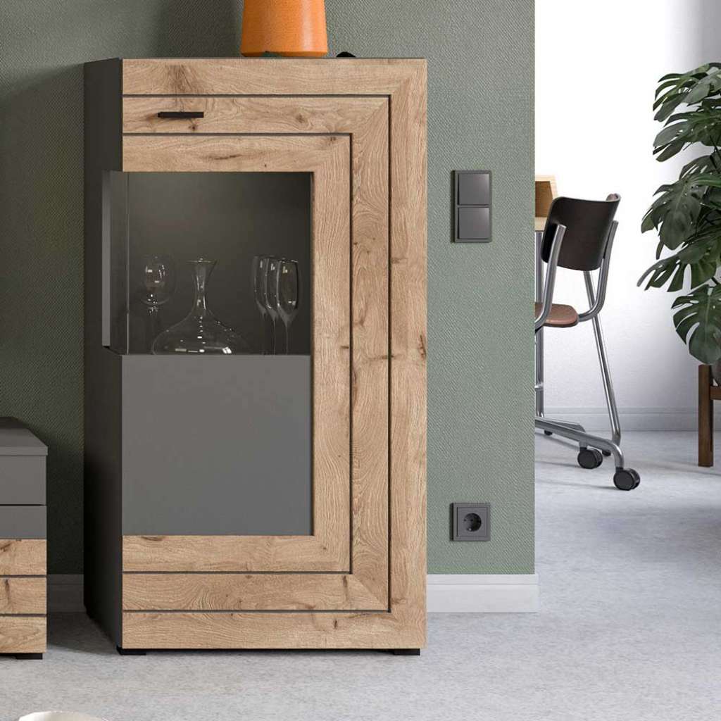 Wohnzimmer Schrank mit Glastür Wildeichefarben und Grau
