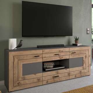 TV Möbel in Wildeichefarben und Grau zwei Schubladen und Türen