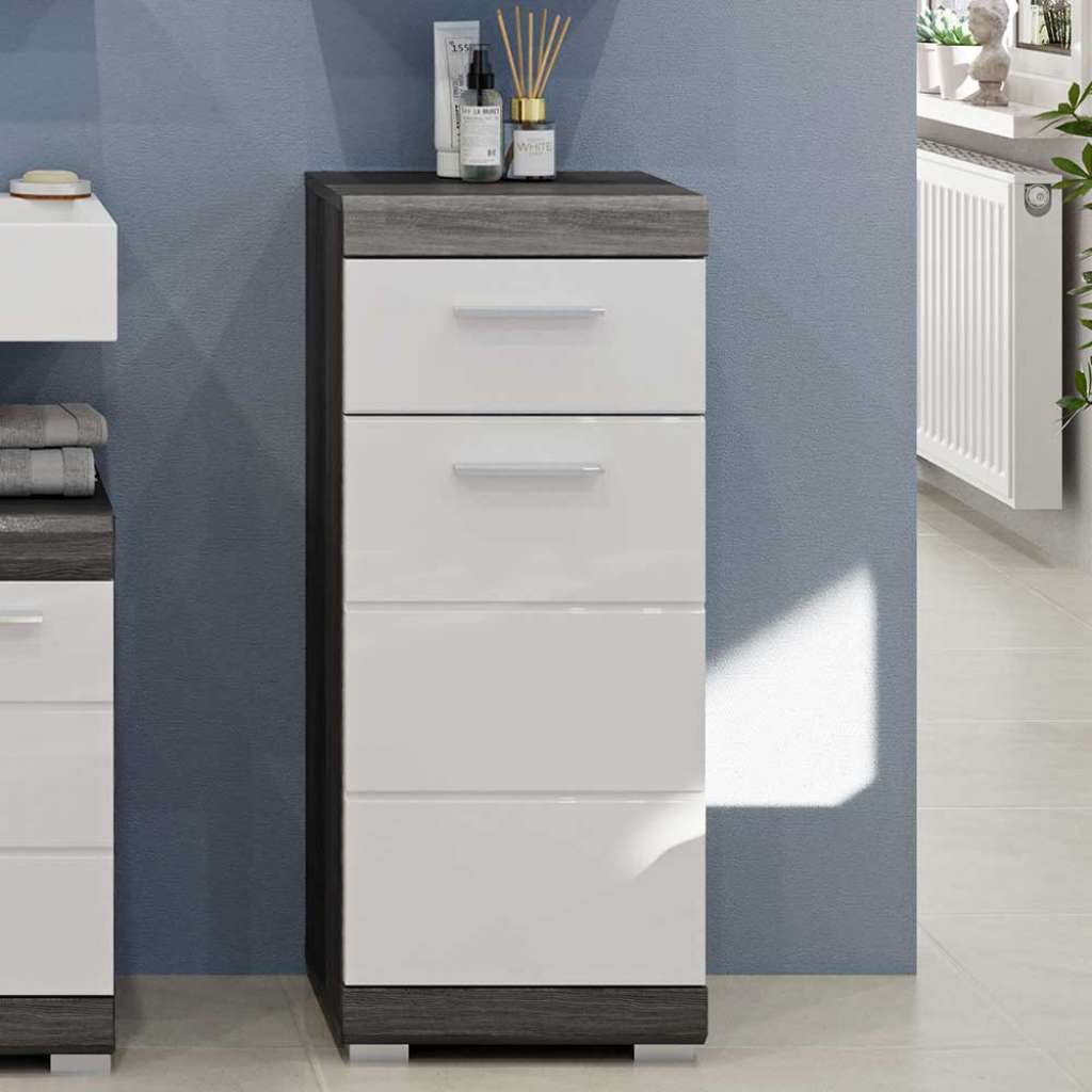 Badezimmerschränkchen in Holzoptik Rauchgrau und Weiß Hochglanz 37 cm breit