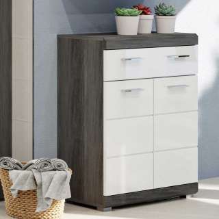 Badeschrank in Holzoptik Rauchgrau und Weiß Hochglanz 88 cm hoch