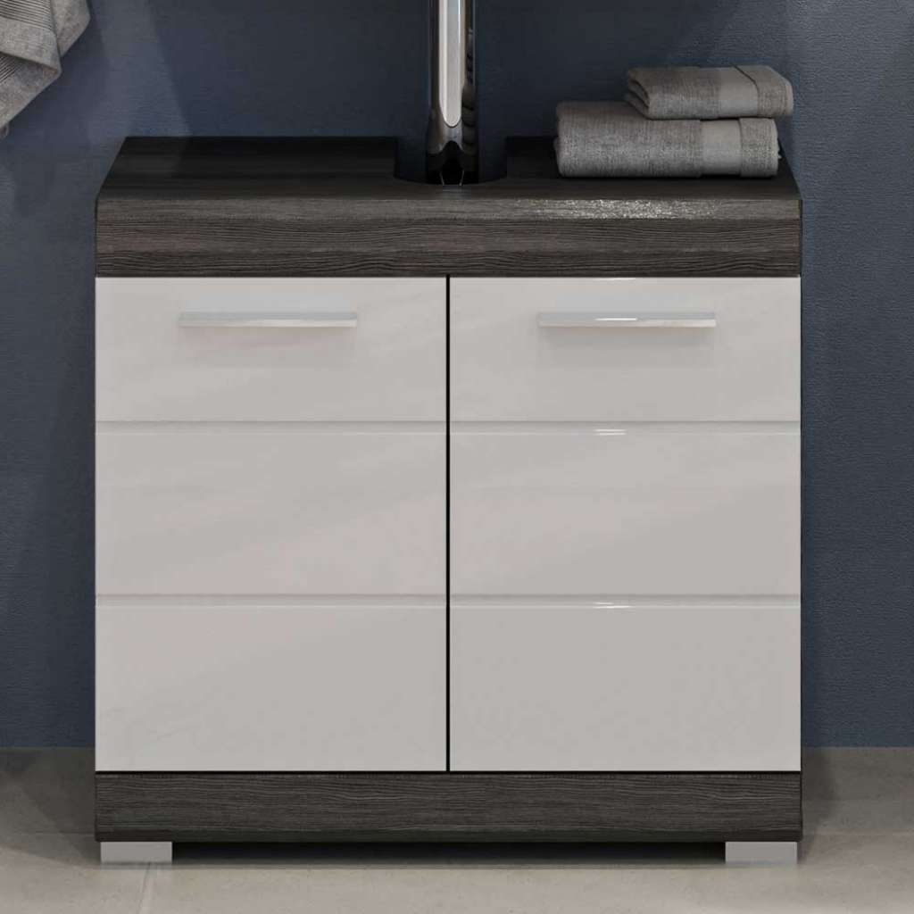 Waschbeckenschrank in Holzoptik Rauchgrau und Weiß Hochglanz 56 cm hoch