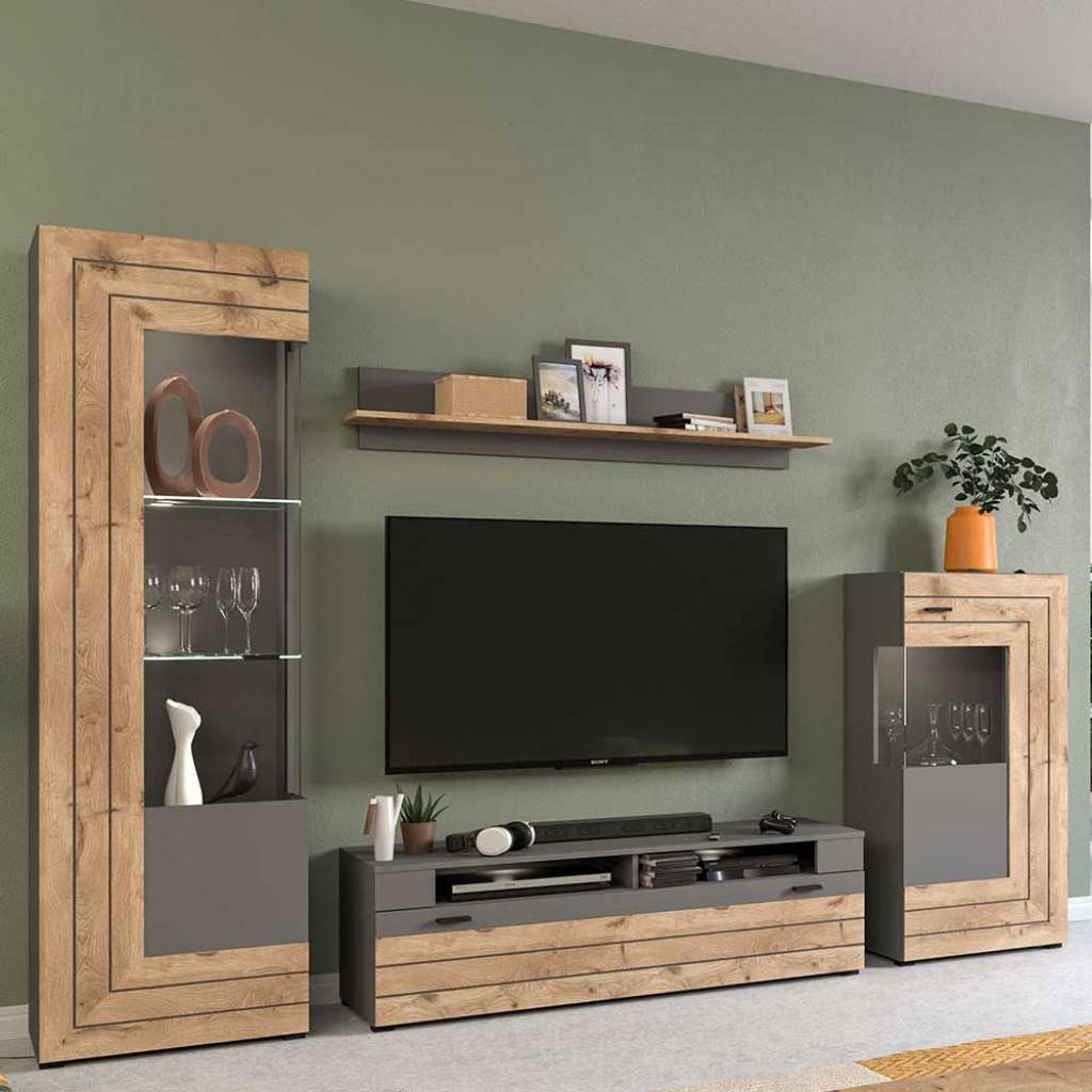 Wohnzimmeranbauwand modern in Wildeichefarben Grau (vierteilig)