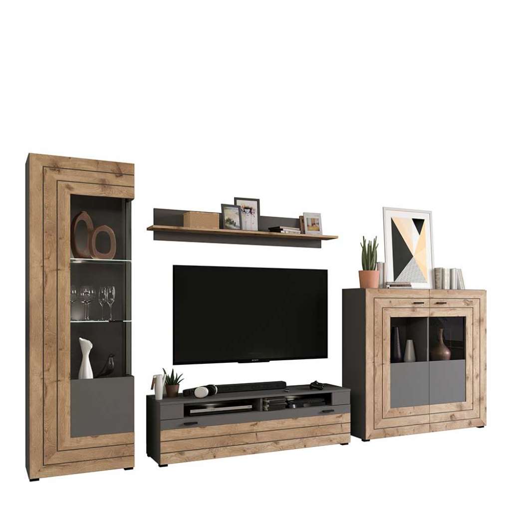 Fernseher Schrankwand in Wildeichefarben Grau (vierteilig)