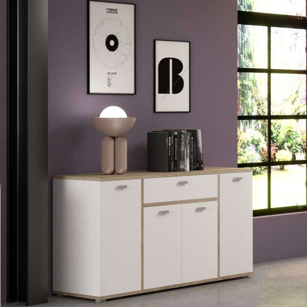 Weißes Esszimmersideboard mit Sonoma Eiche hell Absetzung 84 cm hoch
