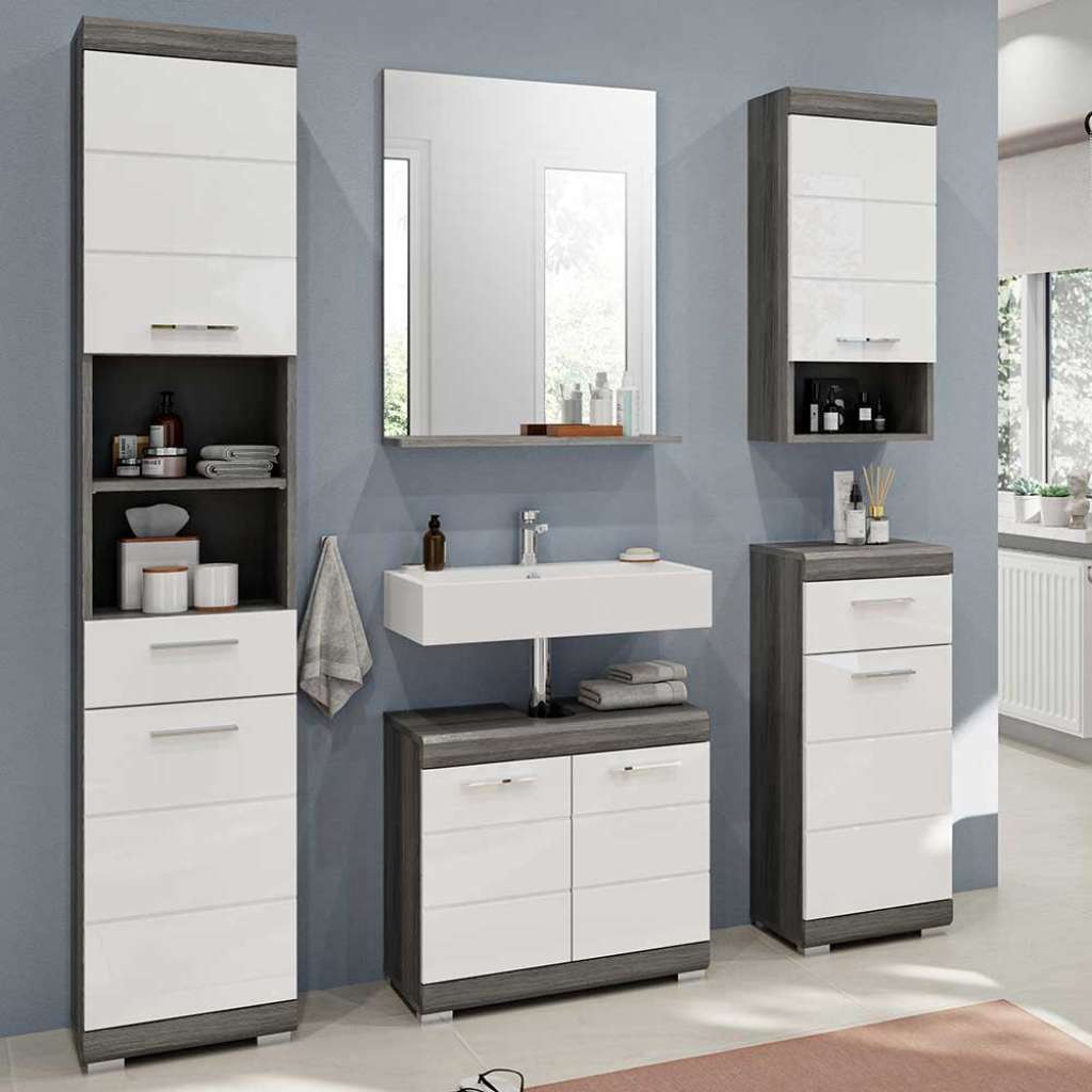 Badmöbel Set in Weiß und Holzoptik Rauchgrau 191 cm hoch (fünfteilig)