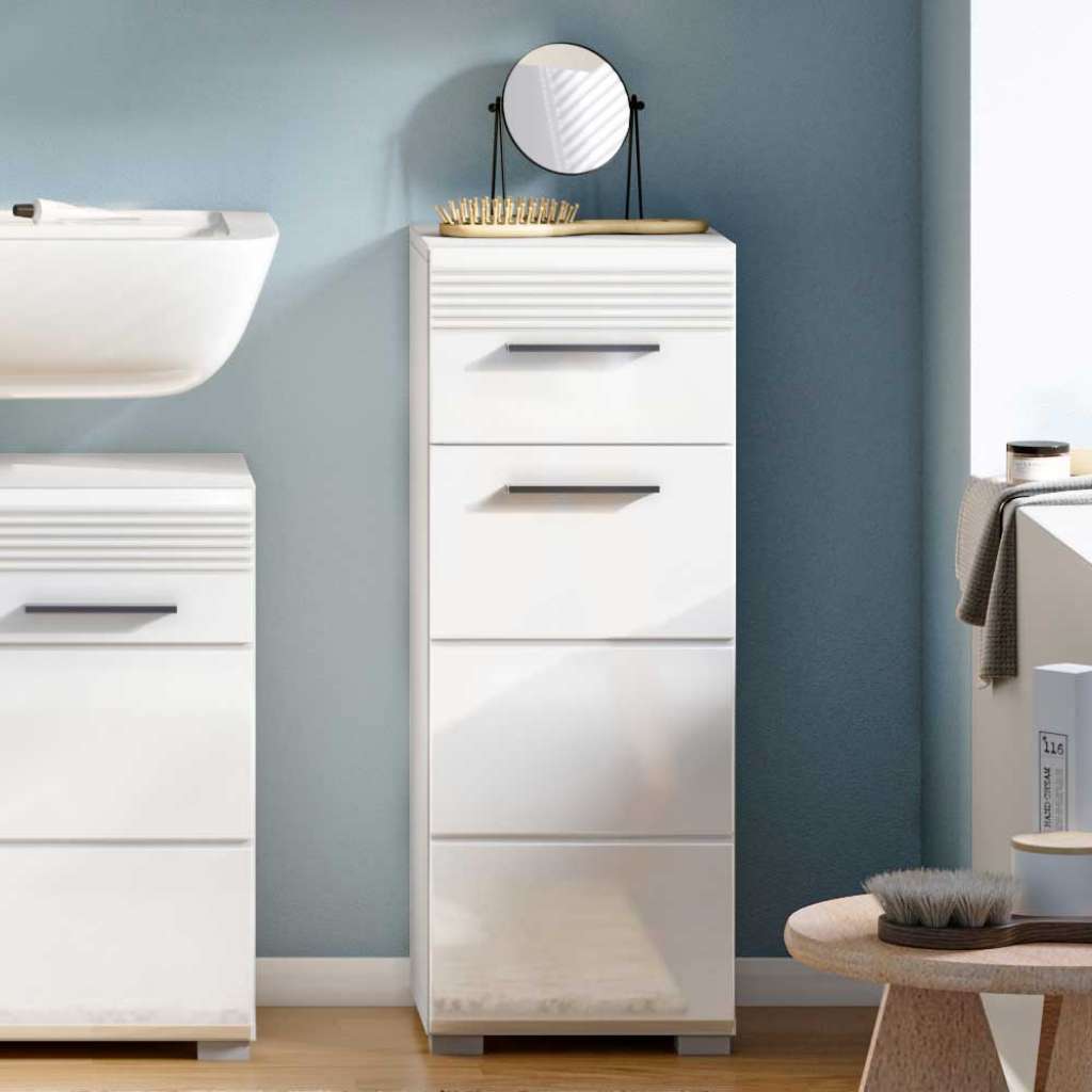 Bad Kommode mit Tür und Schublade Weiß Hochglanz