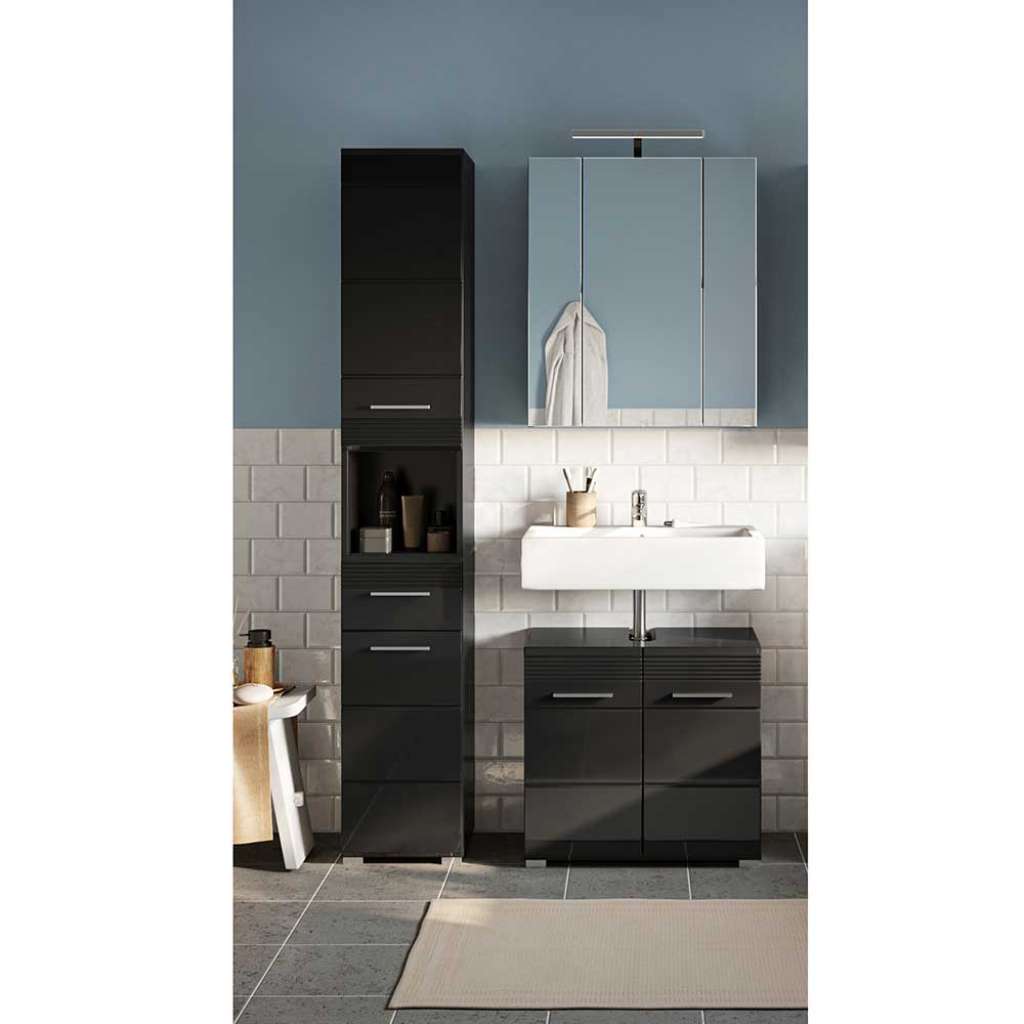 Waschplatz Set in Schwarz Hochglanz 90 cm breit (dreiteilig)
