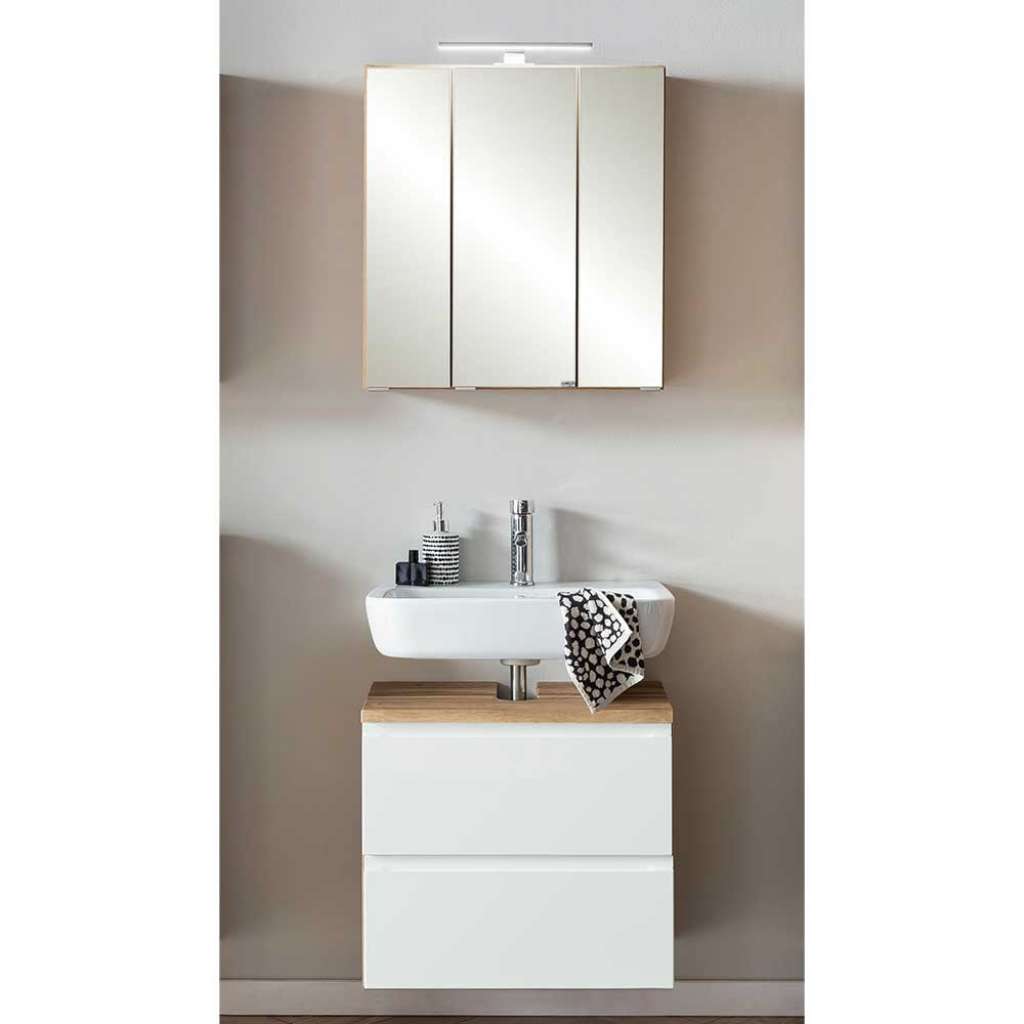 Waschtisch und Spiegelschrank in Weiß und Wildeichefarben modern (zweiteilig)